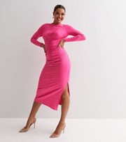 New Look Deep Pink Ruched Front Long Sleeve Midi Dress